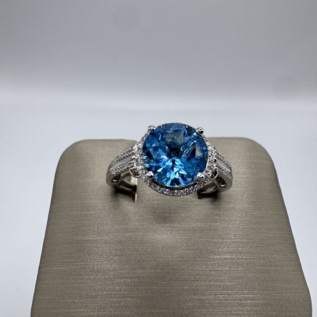 14k White Gold Blue Topaz 3.21ctw Diamond 0.14ctw Ring