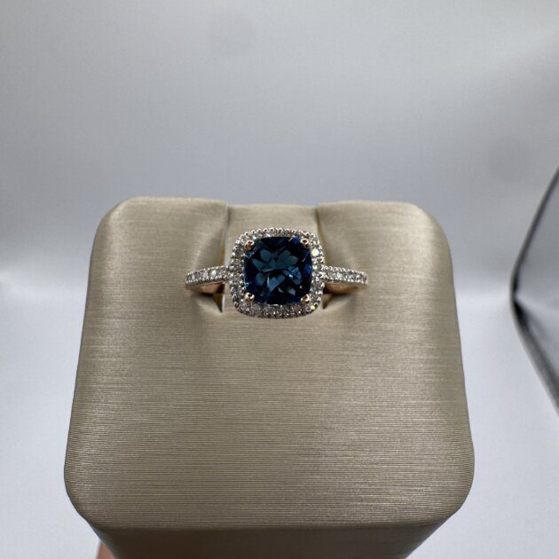 14kt Rose Gold Cushion London Blue Topaz 0.96ct Diamond 0.12ctw Ring