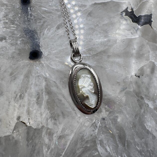 Mother Of Pearl Cameo Set In Sterling Silver Oval Pendant Vintage