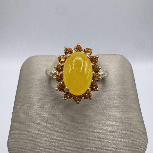 Vintage Estate Natural Yellow Jade & Citrine Halo Sterling Silver Ring 7