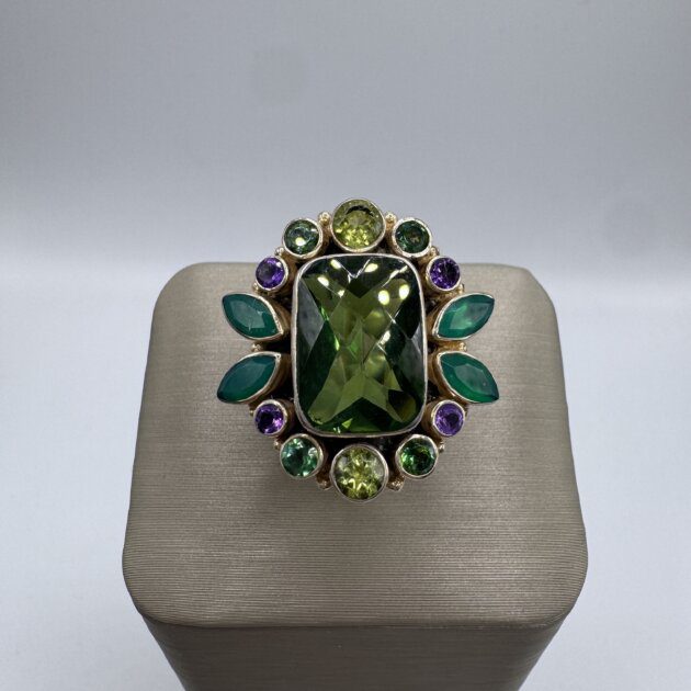 Green Quartz, Peridot, Amethyst, Chrome Diopside, Chalcedony 925 Sterling Ring 7