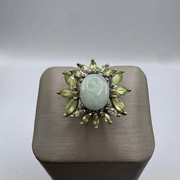 Sterling Silver 925 Green Jade & Peridot Cluster Ring