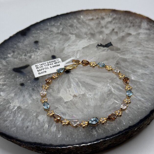 Beautiful 14K Yellow Gold Garnet, Blue Topaz, White Sapphire Flower Design Bracelet