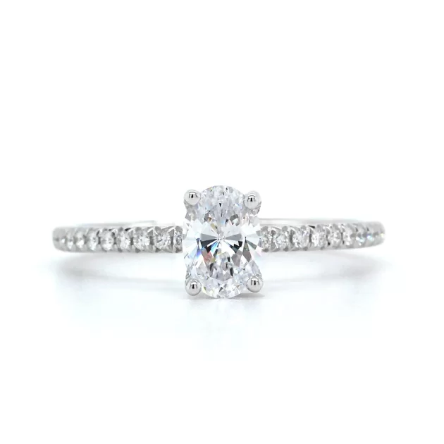 Diamond Oval Engagement Ring 1 ct central 14k White Gold