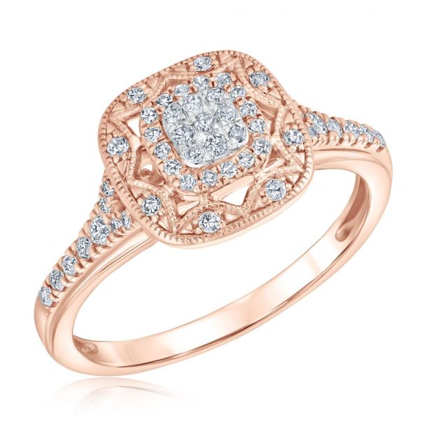 Vintage Inspired Round Diamond Cluster Rose Gold Ring 1/3ctw