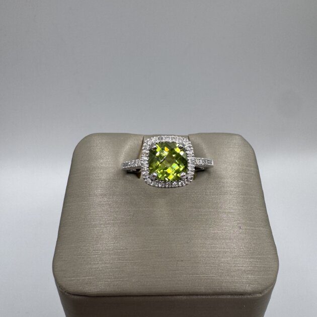 10kt White Gold Cushion Cut Peridot 1.32ct Diamond 0.17ctw Ring