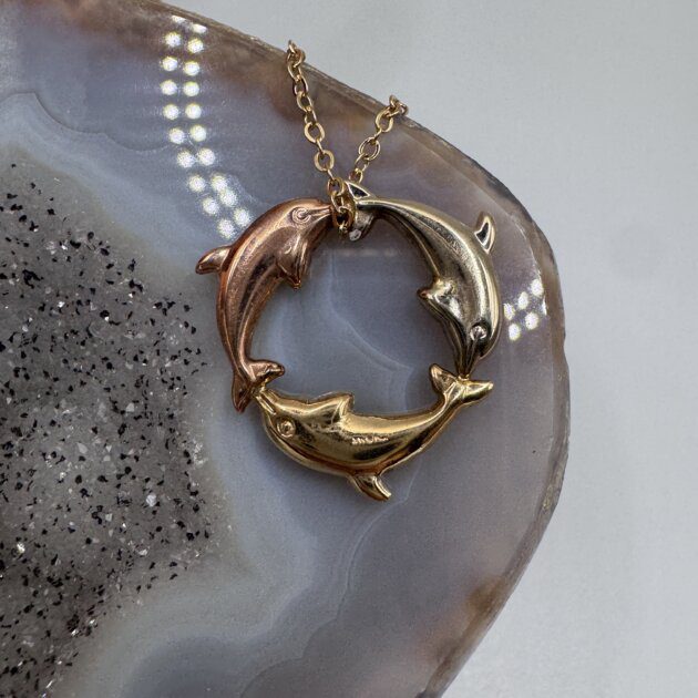 14K Tri Color Gold Dolphin Circle Charm Pendant