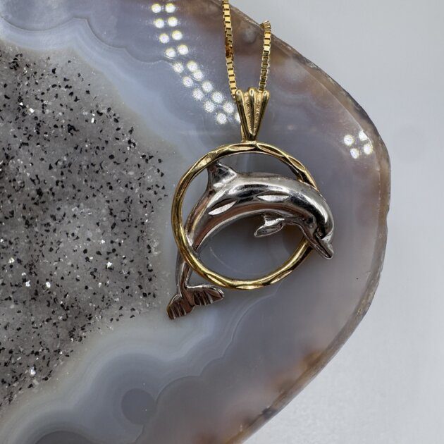 14K Yellow & White Gold Dolphin Charm Pendant
