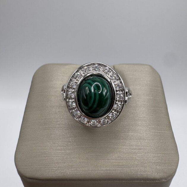 Sterling Silver Green Oval Malachite & CZ Ring