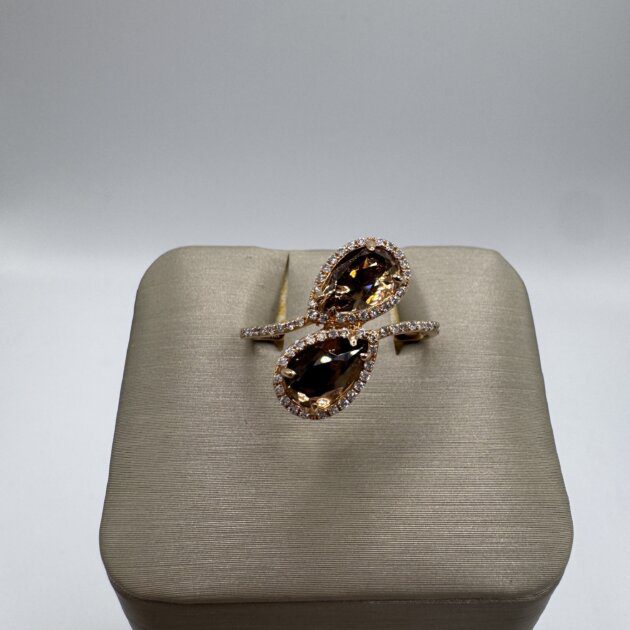 14K Yellow Gold Smoky Quartz 1.89ct & Diamond 0.09ct Open Ring 7