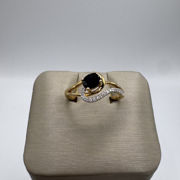 14K Yellow Gold Wave Design Ring with Faceted Sapphire 0.58ct & Dia 0.06ct 6.5s