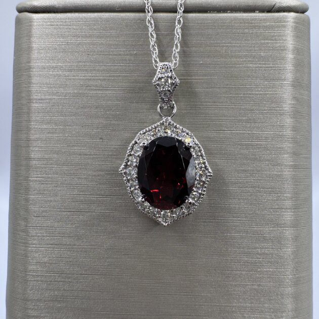 14K White Gold Garnet 2.29ct & Dia .25 Necklace 18"