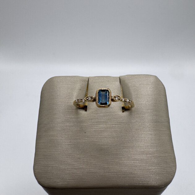 14K Yellow Gold Blue Topaz and Diamond Stackable Bezel Ring 7