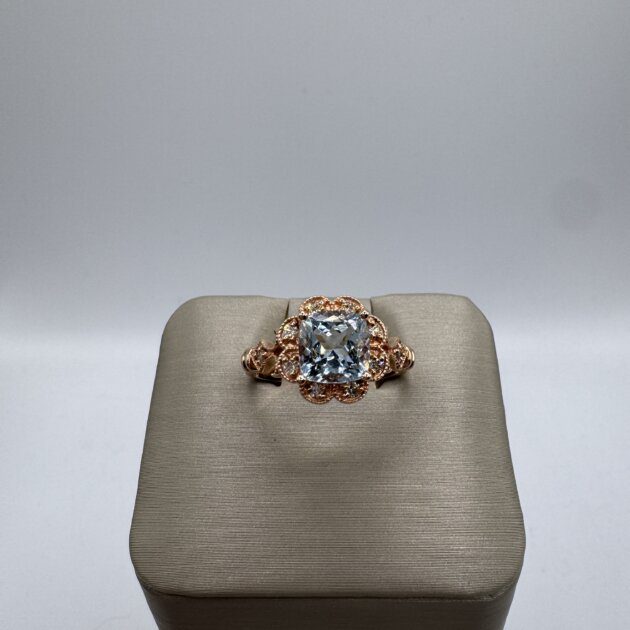 14K Rose Gold Aquamarine Oval Halo 1.47ct and Dia 0.20ct Ring 7
