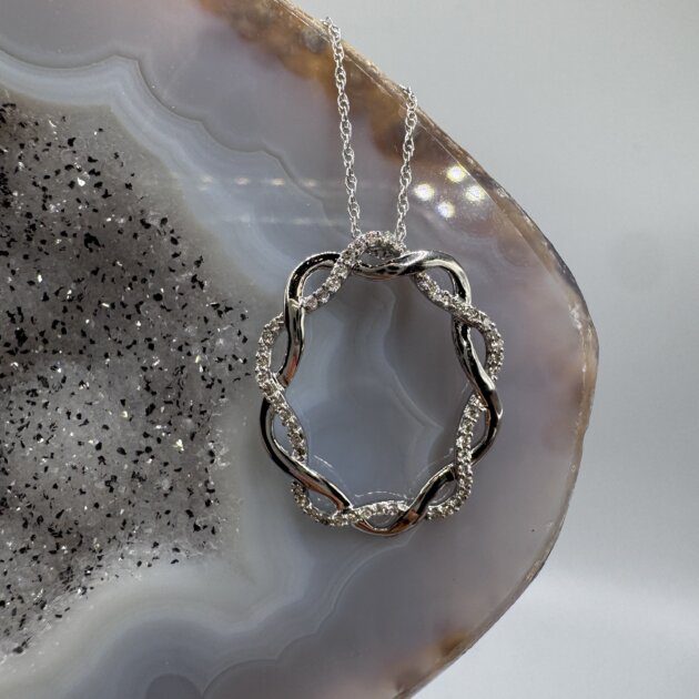 14K White Gold Diamond Gratitude Crisscross Oval Pendant 18"