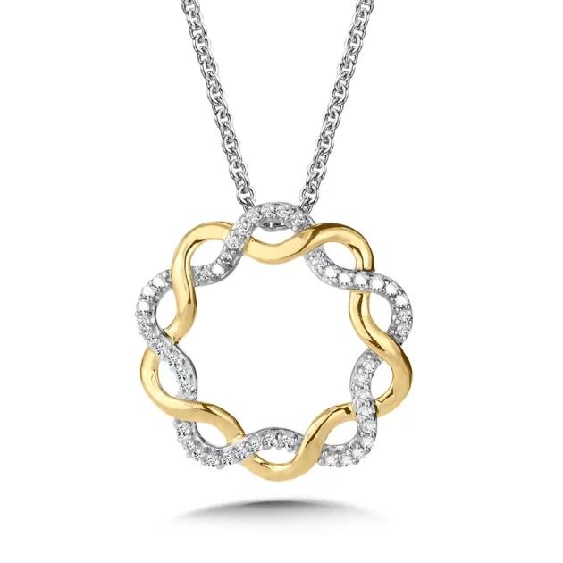 14K Two Tone Diamond Gratitude Crisscross Circle Pendant 18"