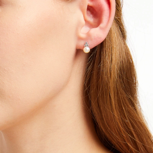 Sterling silver 925 Studs Pearl 4mm & CZ Earrings - Image 3