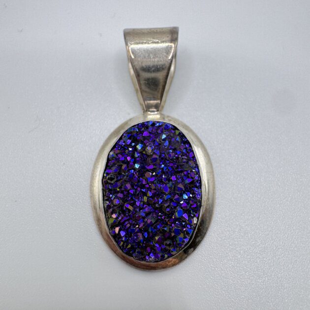 Vintage Sterling Silver Oval Druzy Quartz Pendant