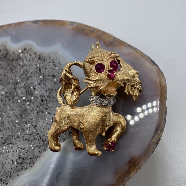 14K Yellow Gold Diamond and Ruby Pin 3D Dog Brooch