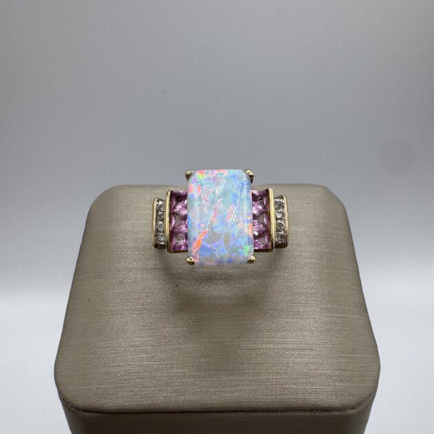 10k Yellow Gold Emerald Cut Fire Opal & Pink Turmaline & CZ Ring 6
