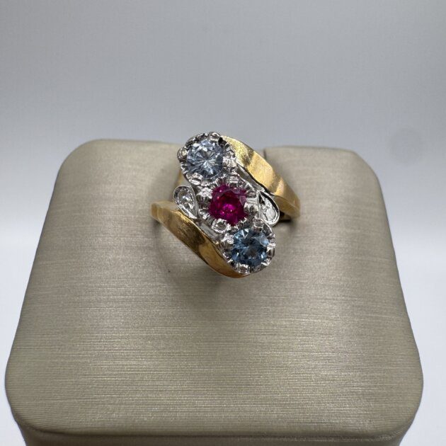 14K Yellow Gold Ring with Aquamarine, Ruby, Topaz, and Dia Ring 4.75