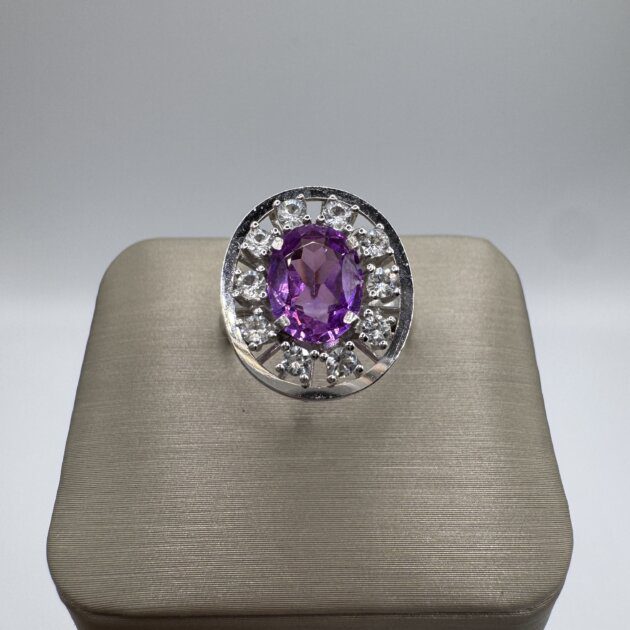 14K White Gold Pink Sapphire 1.60ct & White Sapphire Halo Ring 5.5