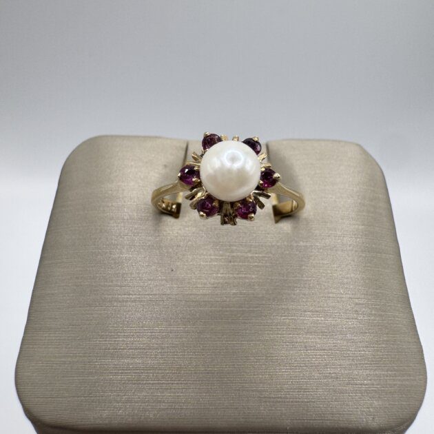 14K Yellow Gold Akoya Pearl & Ruby Flower Motif Ring