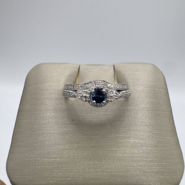 14k White Gold Diamond and Sapphire Bridal Set Ring 5.5