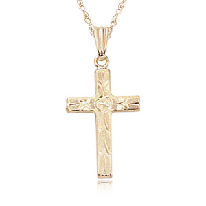 14K Yellow Gold Floral Engraved Cross Pendant