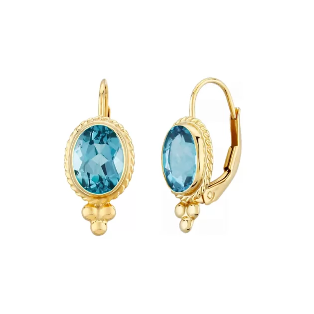 14K Yellow Gold Blue Topaz Leverback Earrings