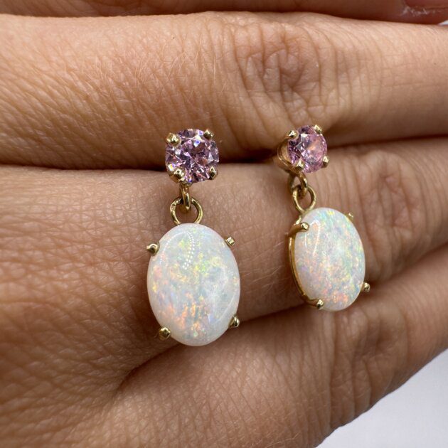 14k Yellow Gold Pink Tourmaline & Opal Drop Earrings