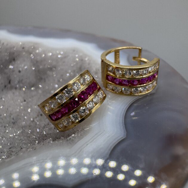 14K Yellow Gold CZ & Ruby-Style Hoop Earrings