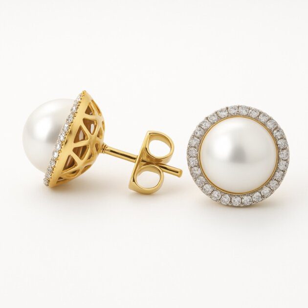 14K Yellow Gold Pearl & Diamond Halo Stud Earrings