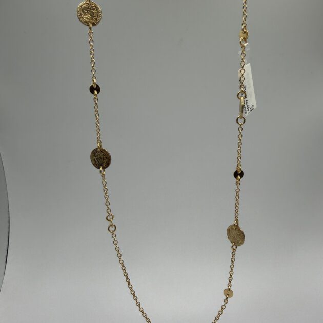 14K Yellow Gold Coin Station Necklace, Fancy Style, 24"