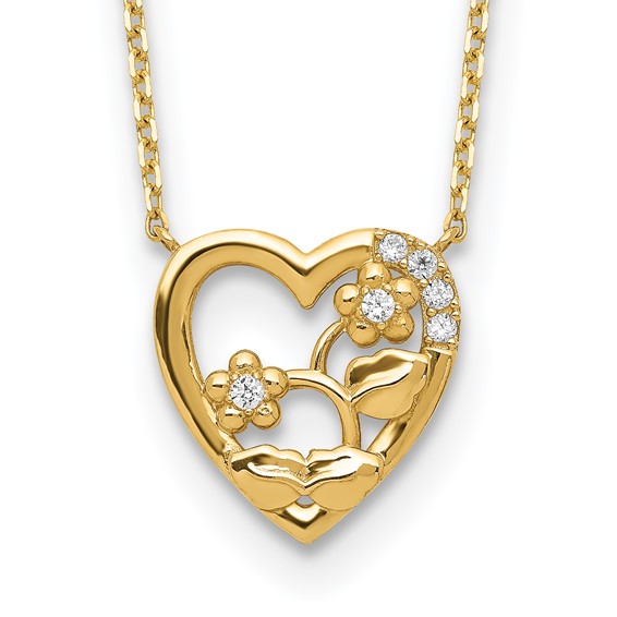 14K Yellow Gold Heart with Floral CZ Necklace, 18" + 2" Extender