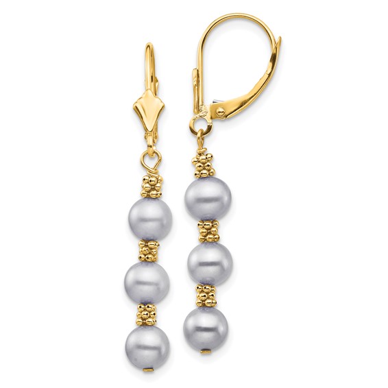 14K Yellow Gold Grey Freshwater Pearl Dangle Leverback Earrings, 5–6mm
