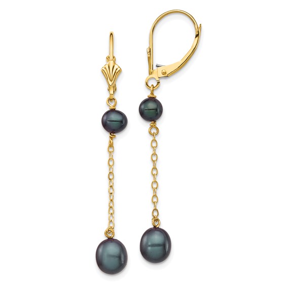 14K Yellow Gold Black Freshwater Pearl Chain Dangle Leverback Earrings, 5–7mm