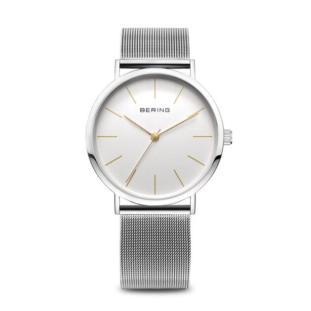 Bering Classic Silver Watch 36mm | White Dial | Curved Sapphire Crystal | Milanese Strap