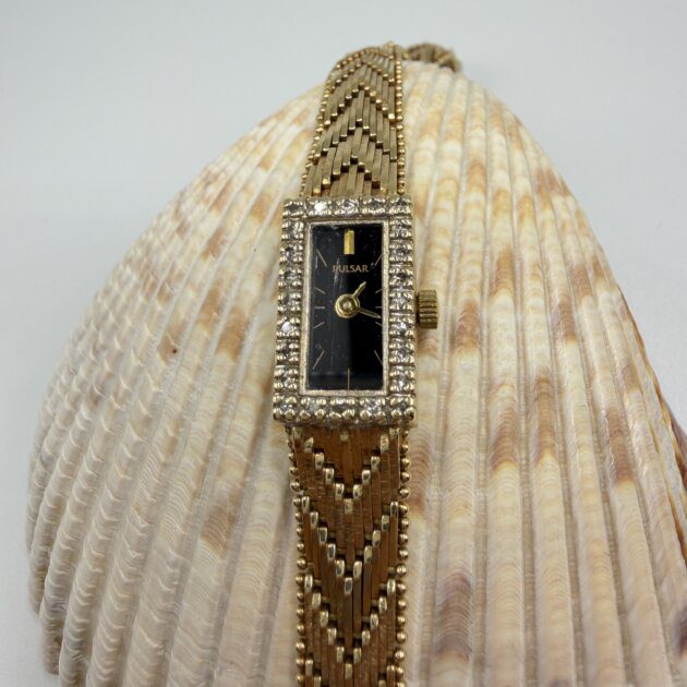 Vintage 1950s Pulsar 14K Solid Yellow Gold Diamond Wristwatch, 24.42g