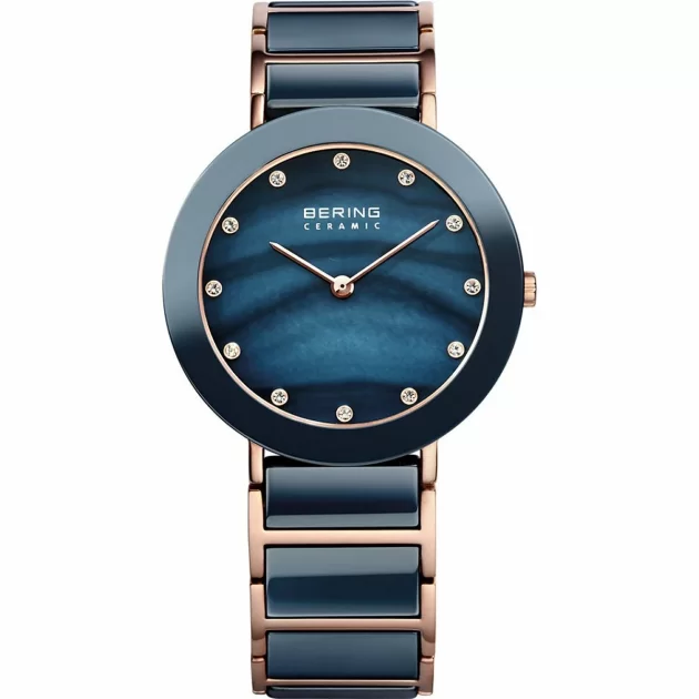 Bering Ceramic Watch | Blue Mother-of-Pearl Dial | Rose Gold Tone | Sapphire Crystal | 35mm