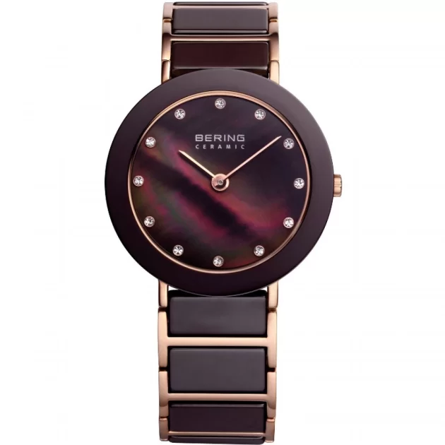 Bering Ceramic Watch | Brown Dial | Rose Gold Tone | Crystal Markers | Sapphire Glass | 34mm