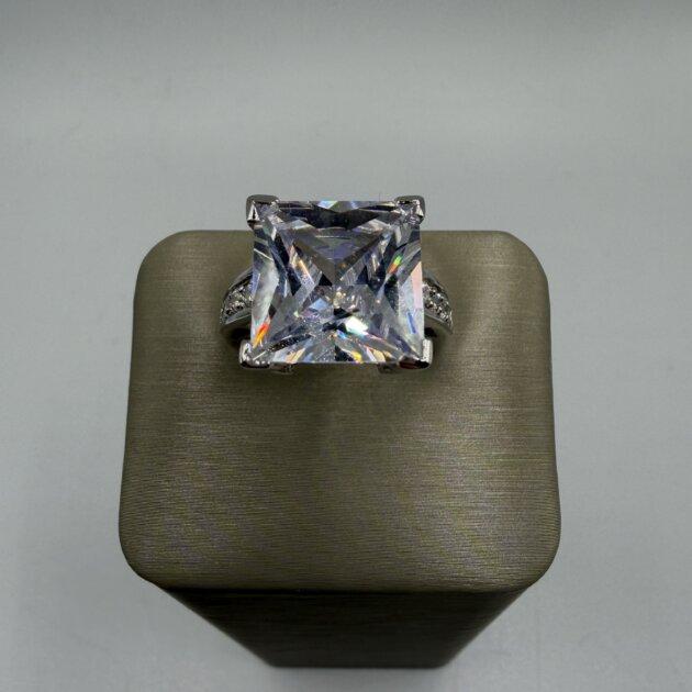 Sterling Silver Princess Cut CZ Statement Ring | Large Solitaire | Size 8
