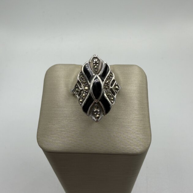 Sterling Silver Black Enamel & Marcasite Ring | Vintage Art Deco Style | Size 8.5