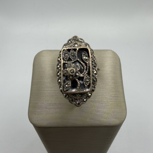 Sterling Silver Marcasite Statement Ring | Vintage Filigree Design | Size 7.5