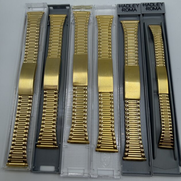 Lot of 6 NOS Vintage Gold Tone Expansion Watch Bands Adjustable 16-22mm