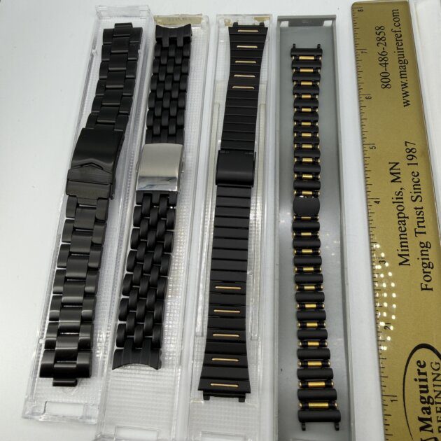 Lot of 4 NOS Vintage Black Watch Bands Bracelets Stainless Steel Gold Tone